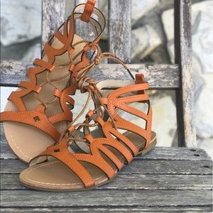 ALMOST GONE Boho Tan Strappy Lace Up Flat Sandals