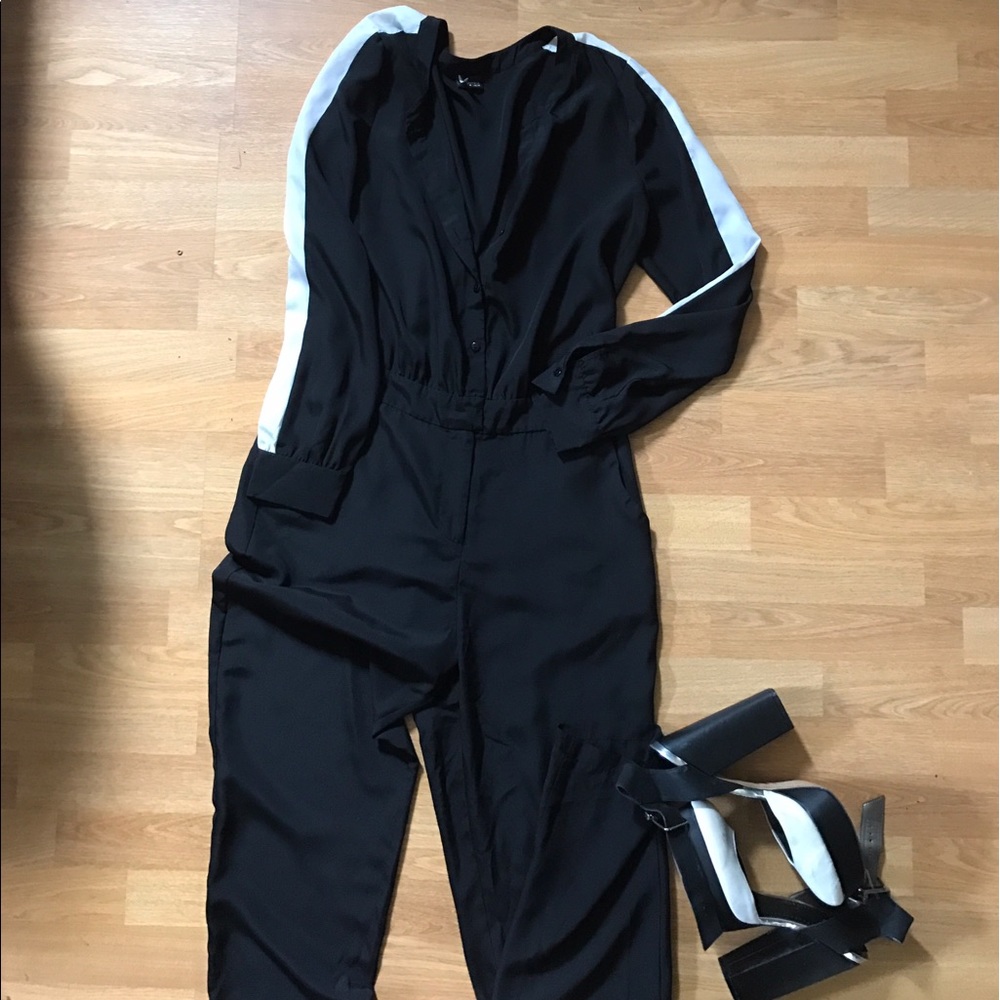 Black and white long sleeve pant romper