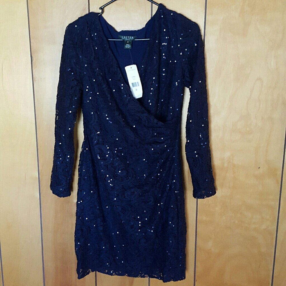 Navy blue sequined Ralph Lauren wrap dress