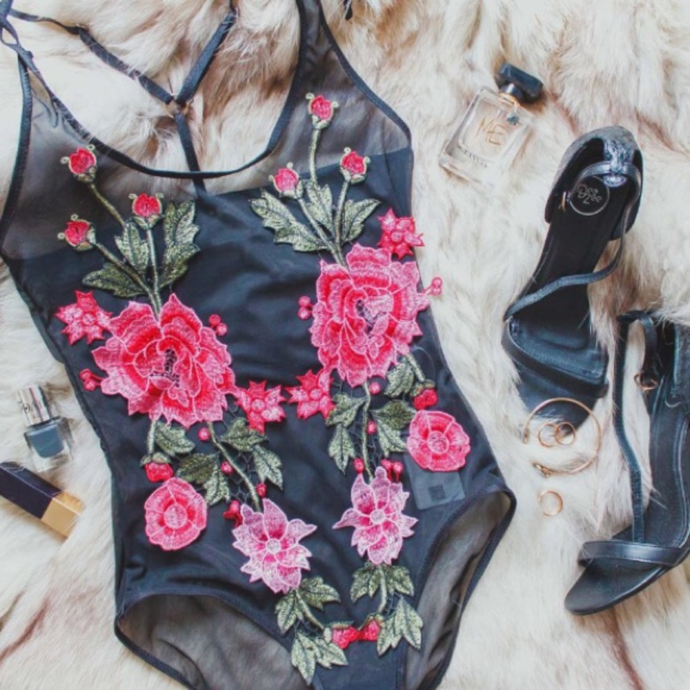 Black and Rose Sheer Bodysuit - Picture 3 of 8