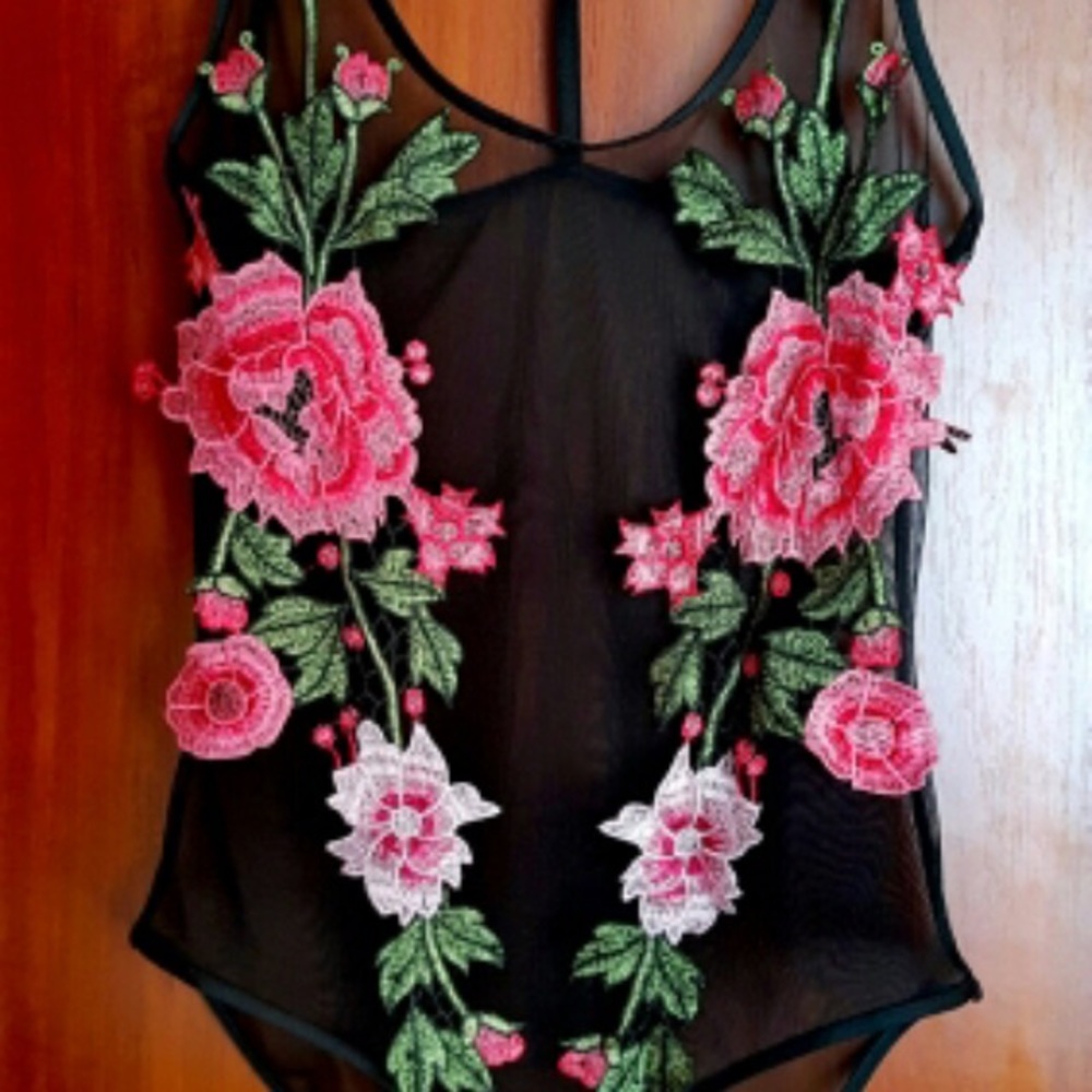 Black and Rose Sheer Bodysuit - Picture 7 of 8