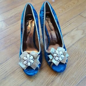 Teal and gold velvet poetic licence heel