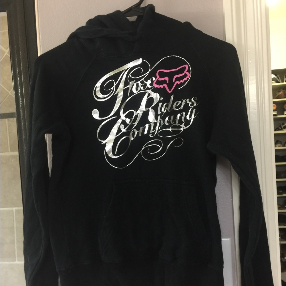 Fox racing hoodie with graphics on chest and hood