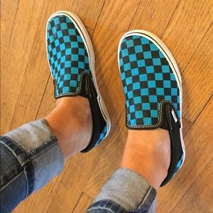 Blue checkered vans slip on sneakers
