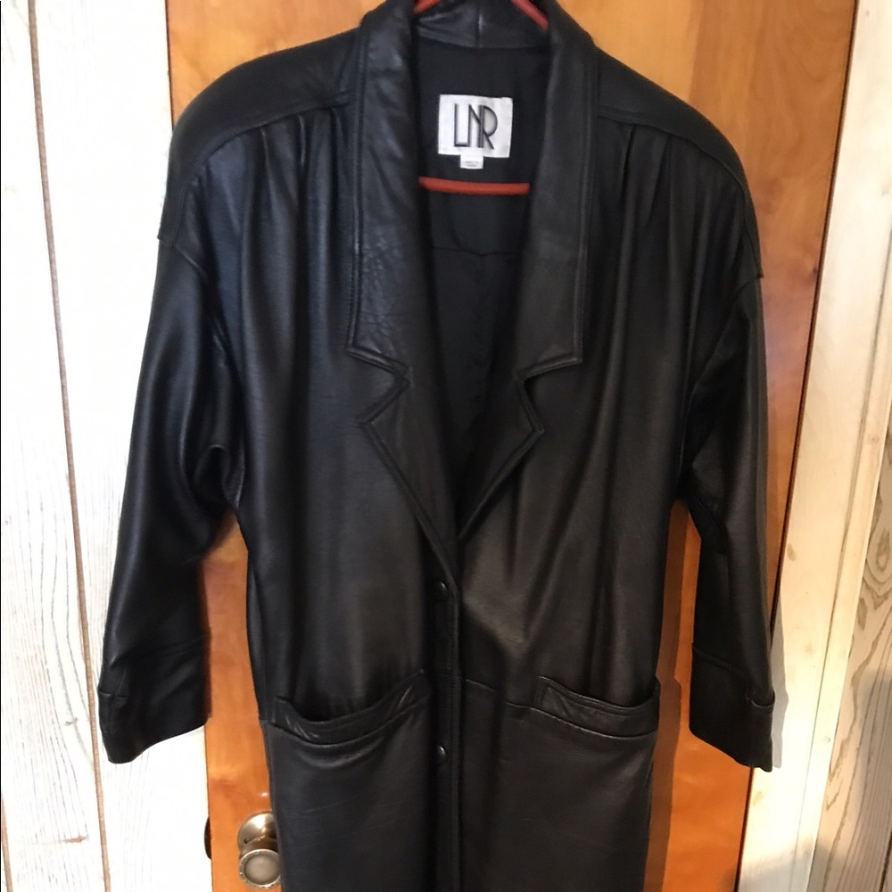 Full length black leather winter coat