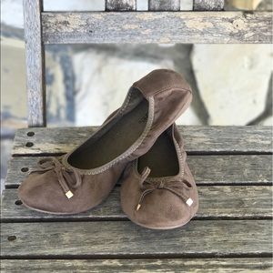 Taupe Suede Bow Tie Comfy Ballet Ballerina Flats