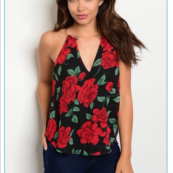 Black Red Flower Top w/ choker Collar detail - Picture 2 of 3