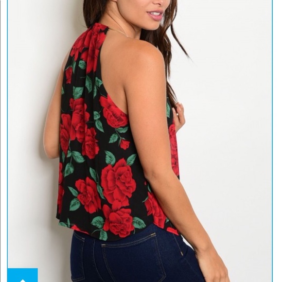 Black Red Flower Top w/ choker Collar detail - Picture 3 of 3