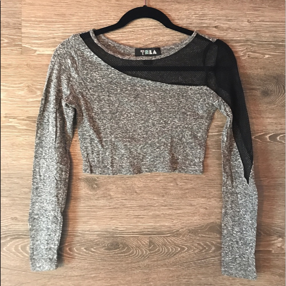 Urban Outfitters Grey Mesh Sleeve Crop Top