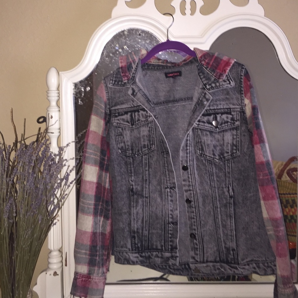 distressed black denim with flannel sleeve/hood