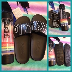 BNWOT Pink Victoria'sSecret Slides & Water Bottle