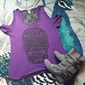 NWOT! Purple cold shoulder beaded sugar skull top