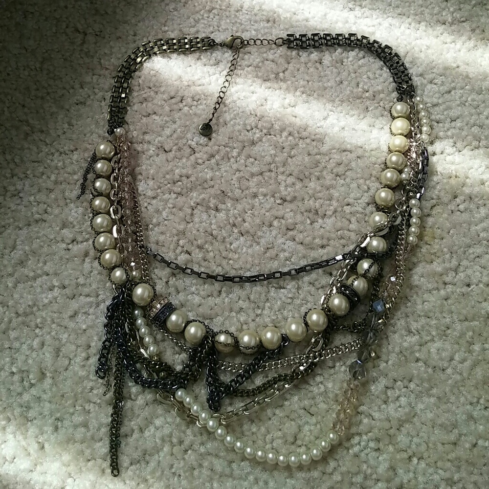 multi chained pearl-crystal-beaded necklace