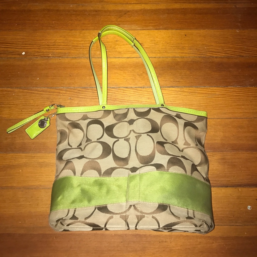 Authentic Coach Large C Green Stripe Shoulder Tote