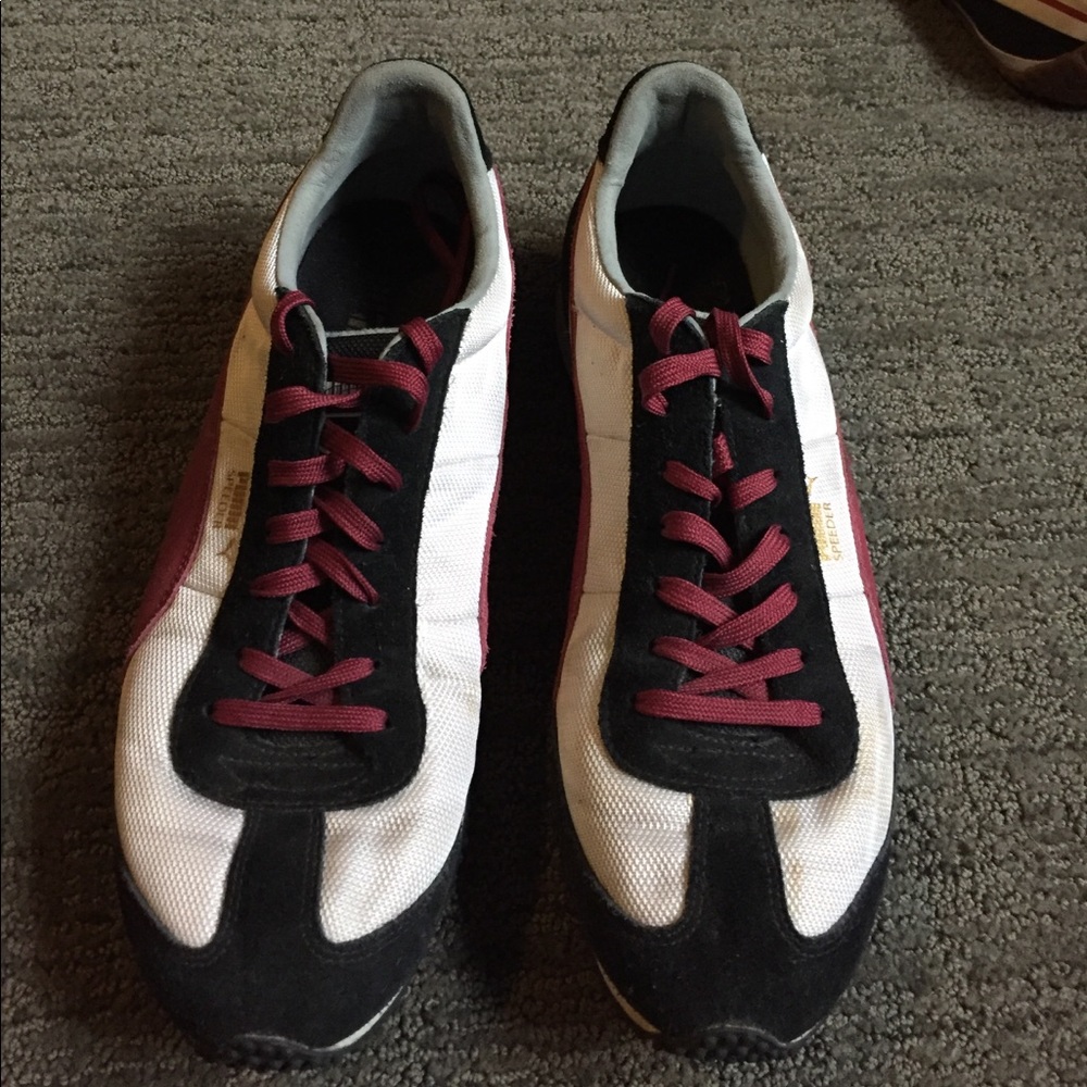 Size 12 men's Puma Speeder burgundy white & black