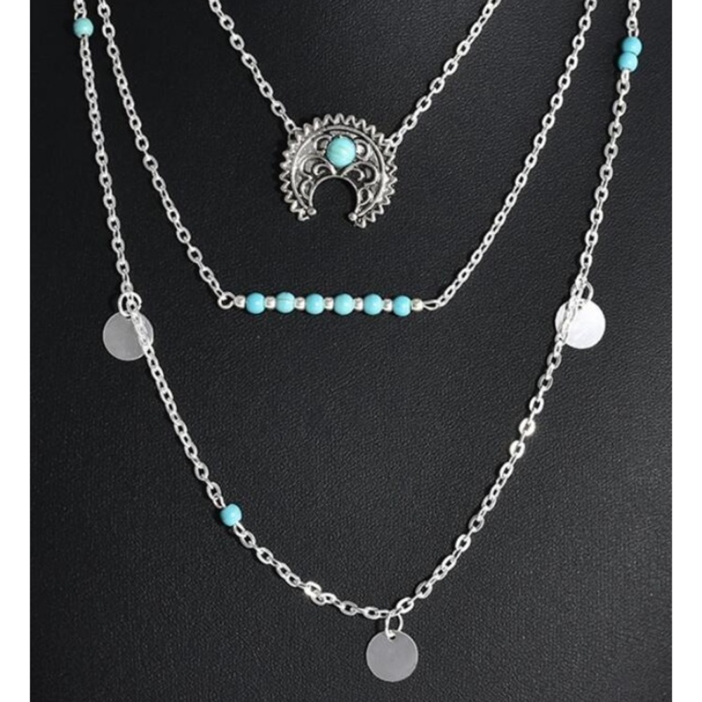 New Boho Silver Turquoise 3 Layered Necklace - Picture 2 of 2