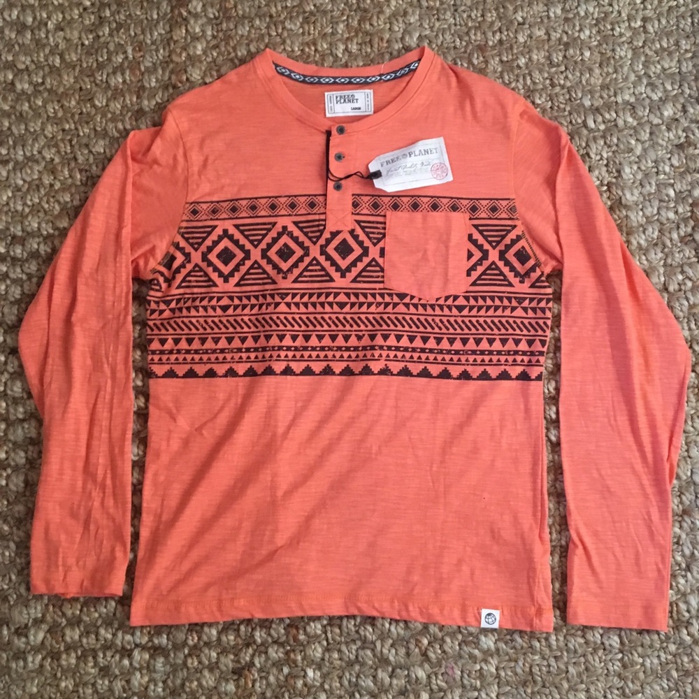 Men's FREE PLANET Long Sleeve Henley-100% Cotton!