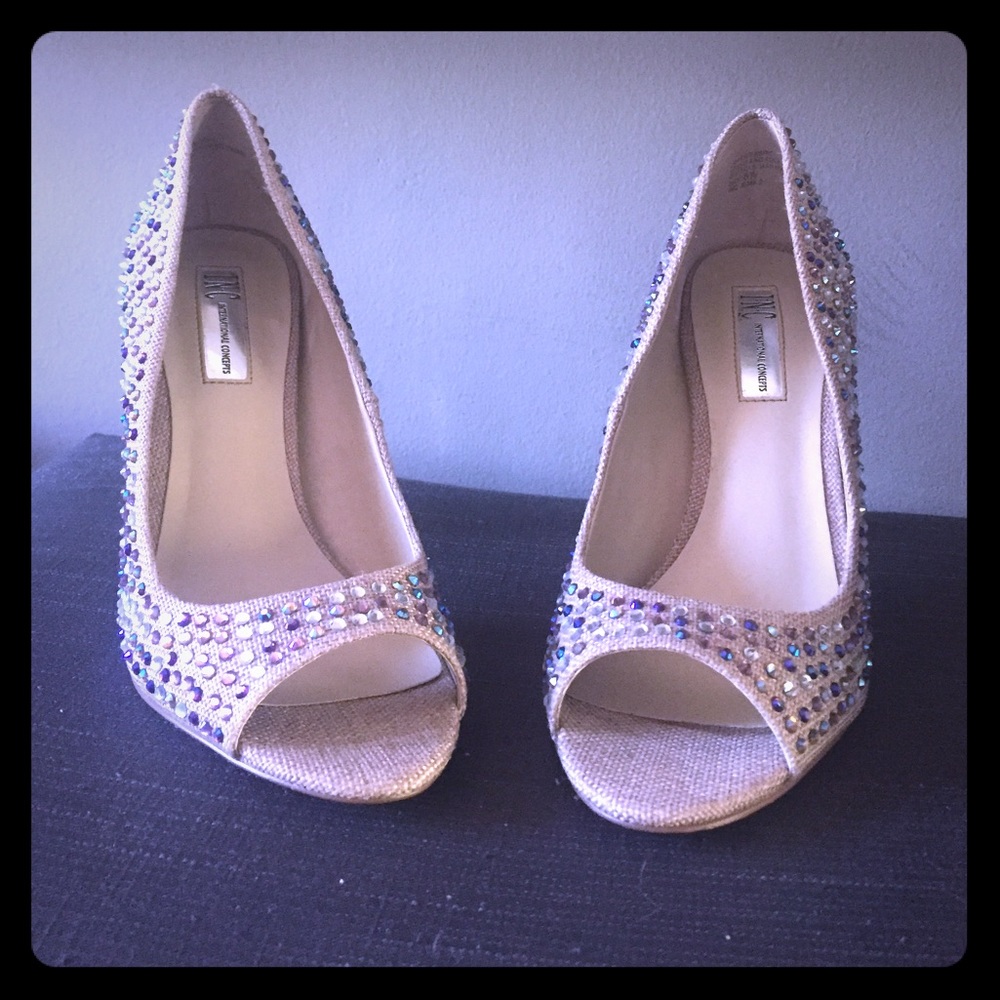INC peep toe jeweled heels