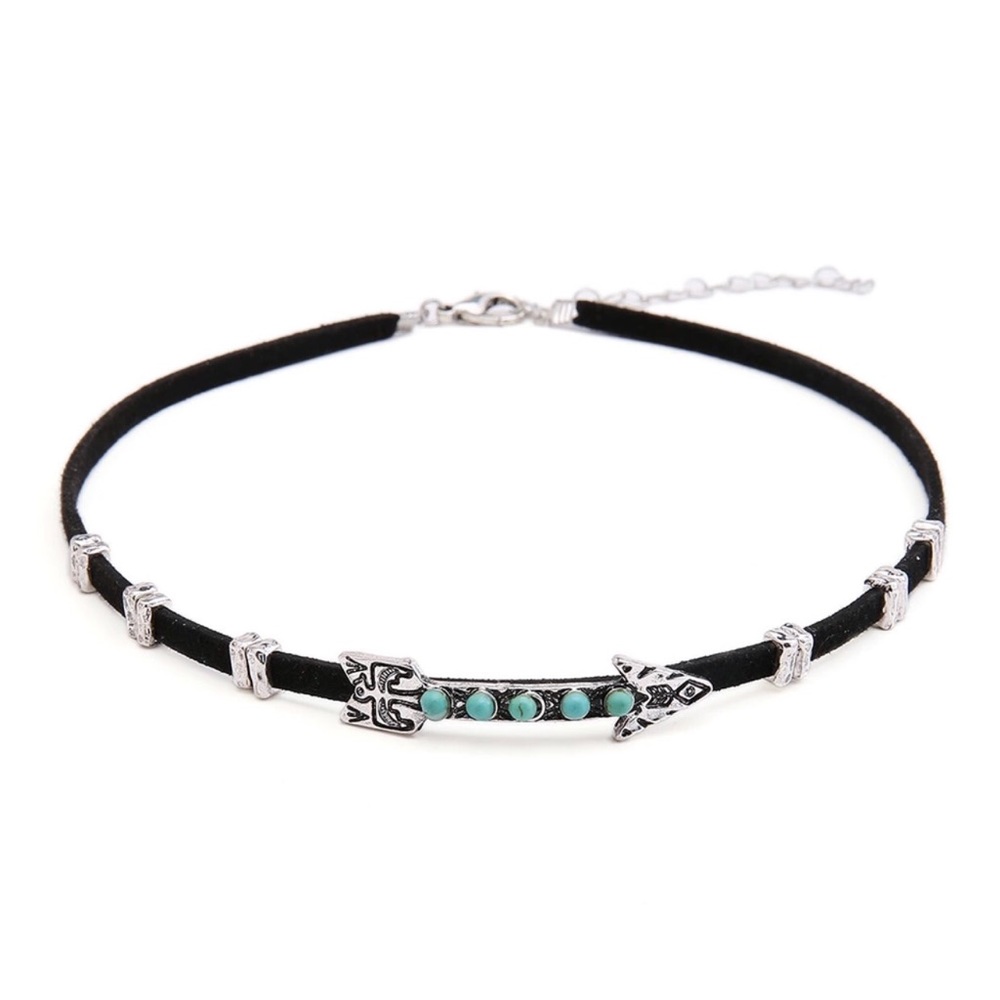 💎 Silver Turquoise Black Suede Boho Arrow Choker