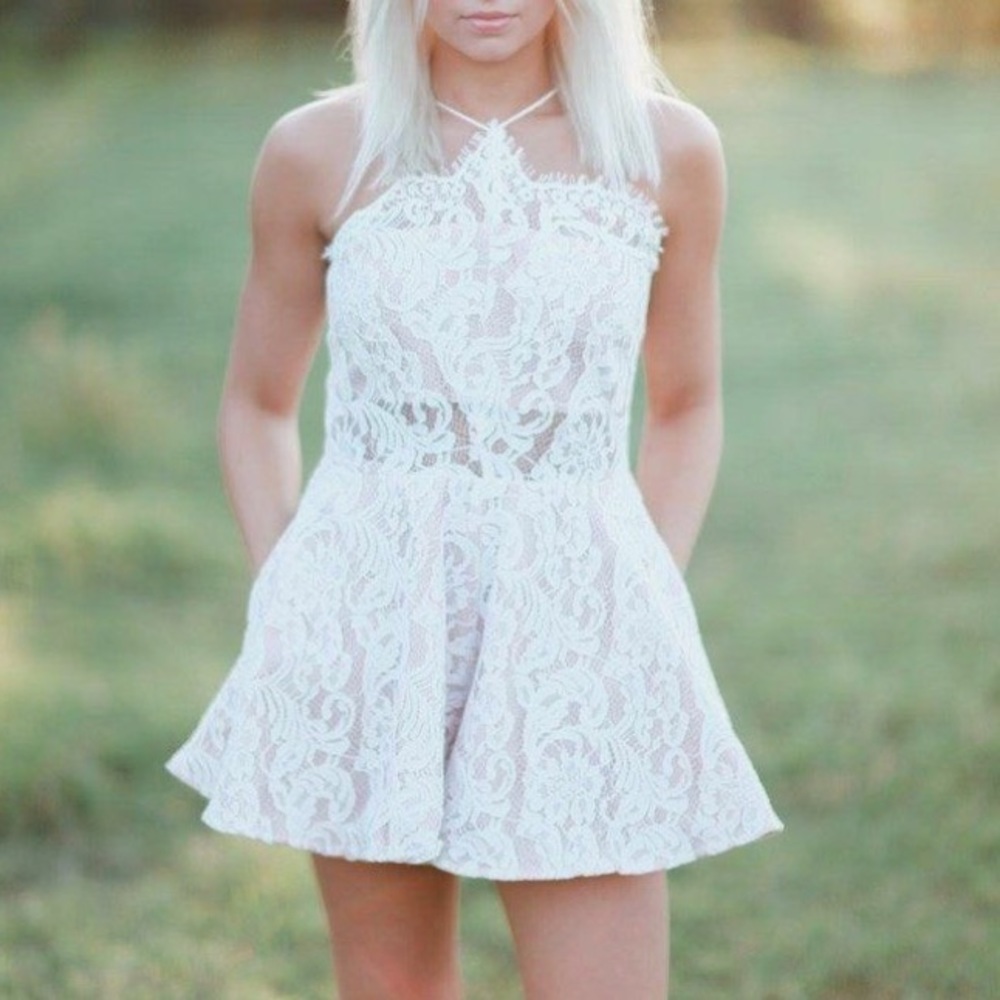 CLEARANCE Ivory Dusty Pink Lace Halter Romper - Picture 3 of 8