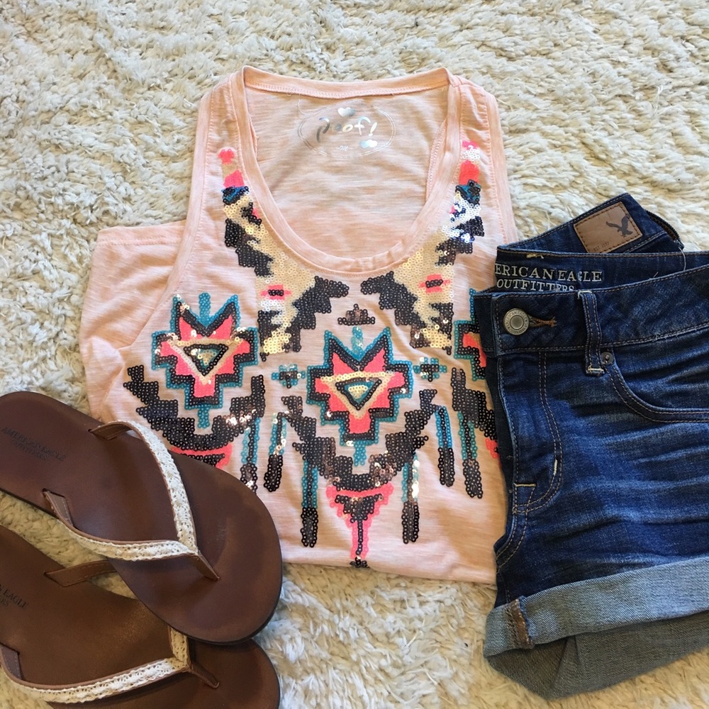 Tribal Print Sequin Razorback Tank Top