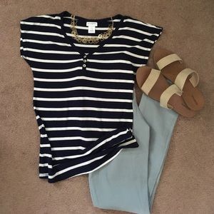 Navy and white striped maternity shirt