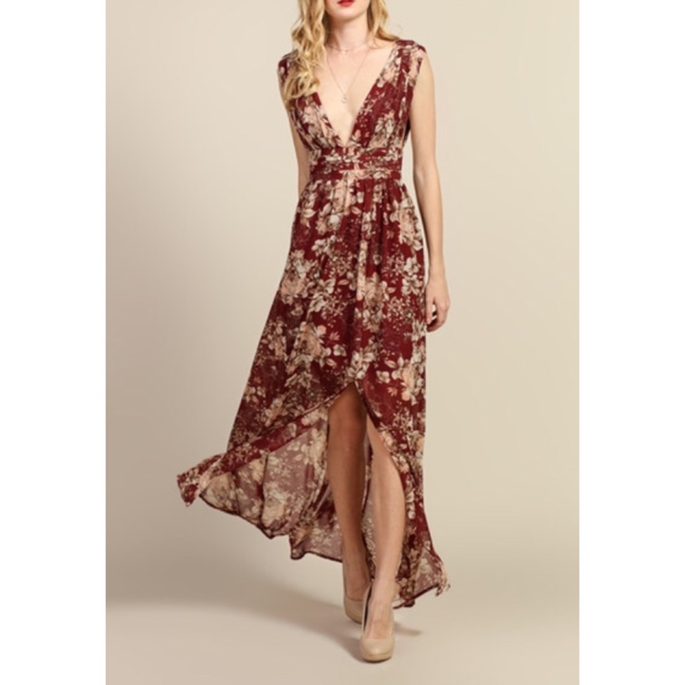 Maroon Deep V Maxi Dress