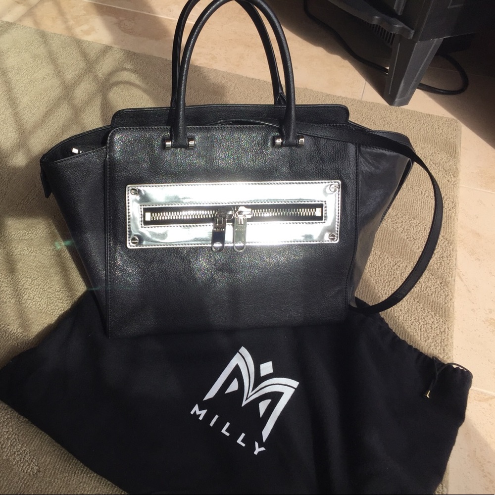 Milly satchel - black w/silver patent leather