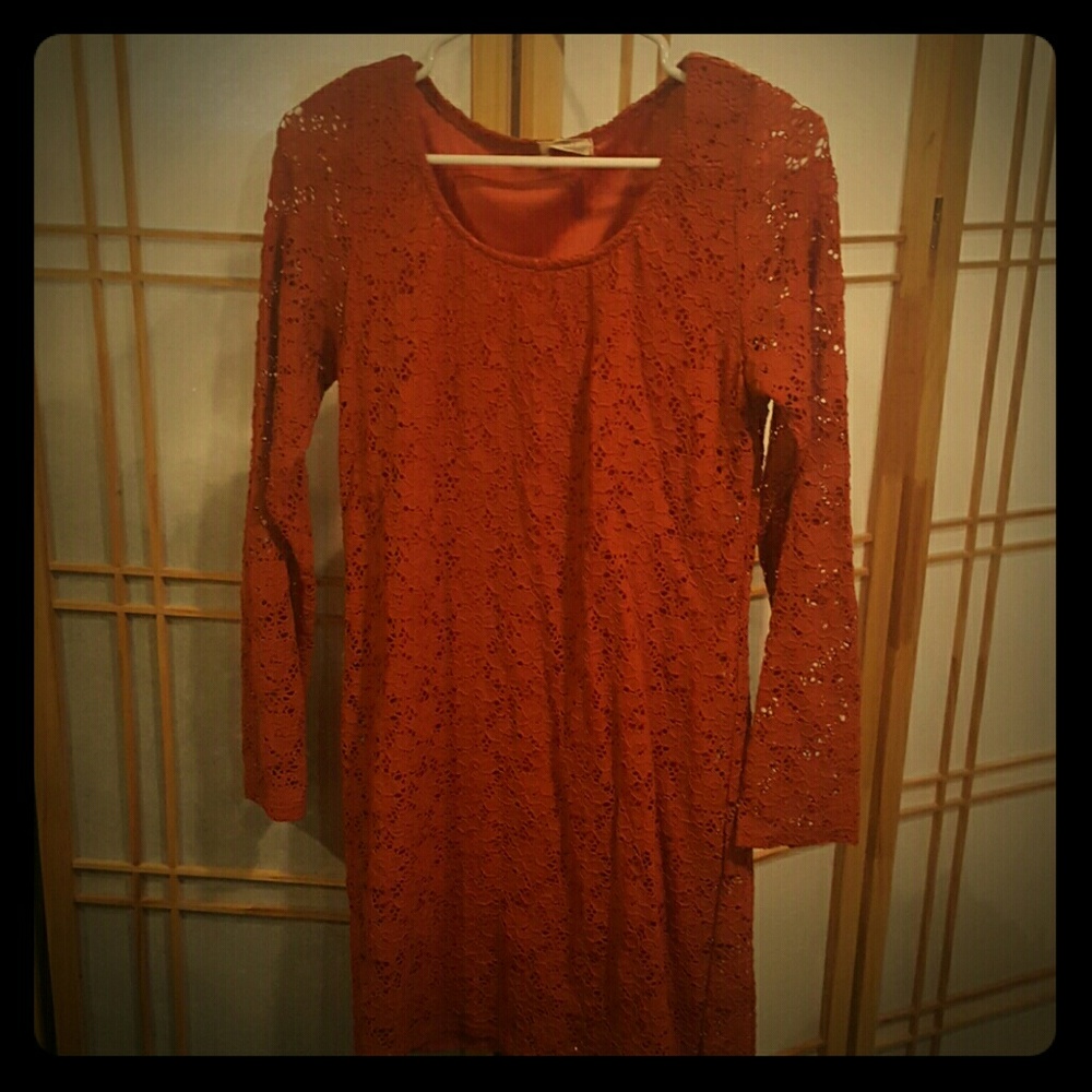 Orange lace long sleeved mini dress