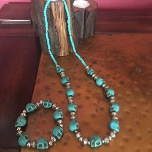 TEAL SKULL BEAD NECKLACE AND BRACELET