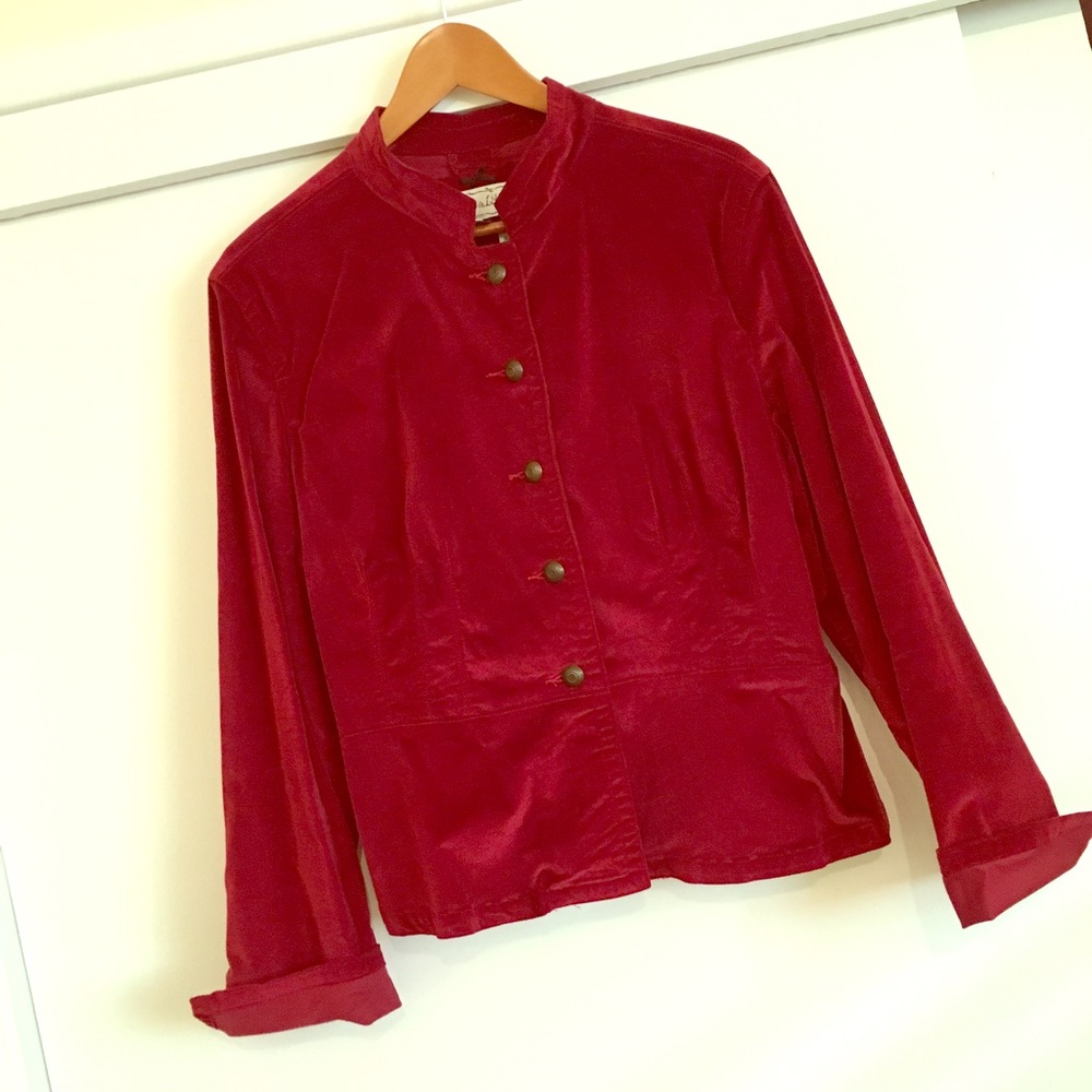 Ruby red stretch velvet blazer with metal buttons