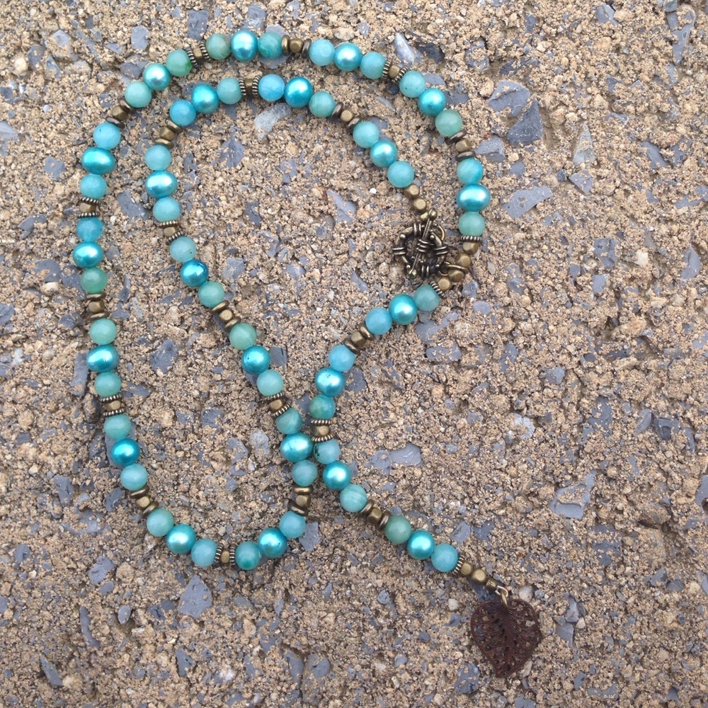 Hand made teal jade, pearl, and brass Y necklace