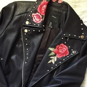 Rose embroidered faux leather jacket