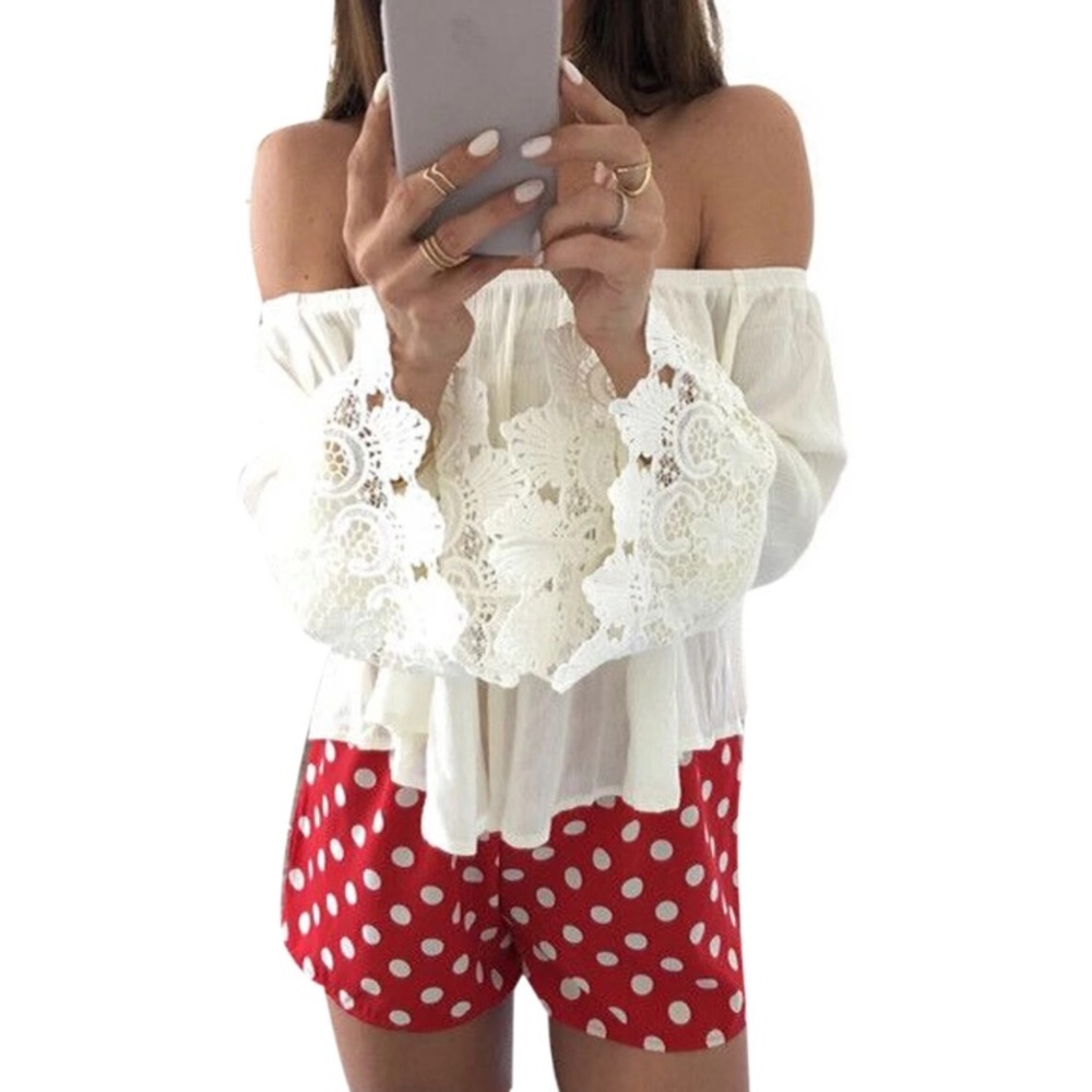 Boho Lace Off Shoulder Shirt Summer Crop Top - Picture 2 of 3