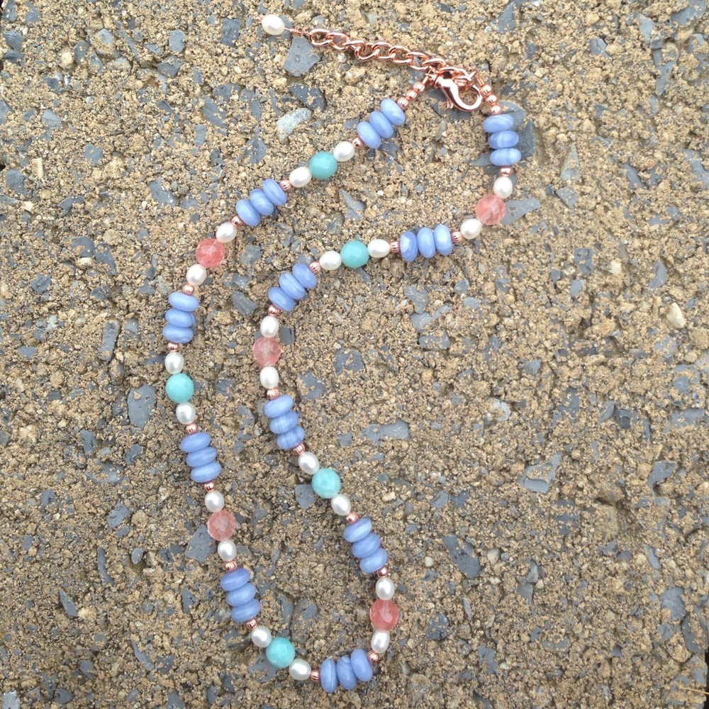 Hand made gemstone, pearl, copper necklace