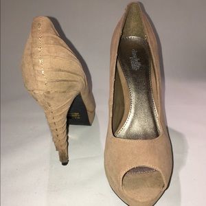 Beige faux suede peep toe heels