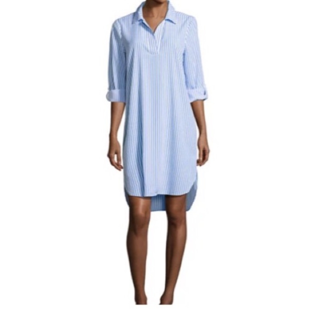 3/4-Sleeve Striped Shirtdress, Blue/White