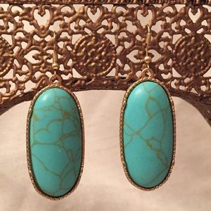 Gold-tone Oval Earrings with Turquoise Stone