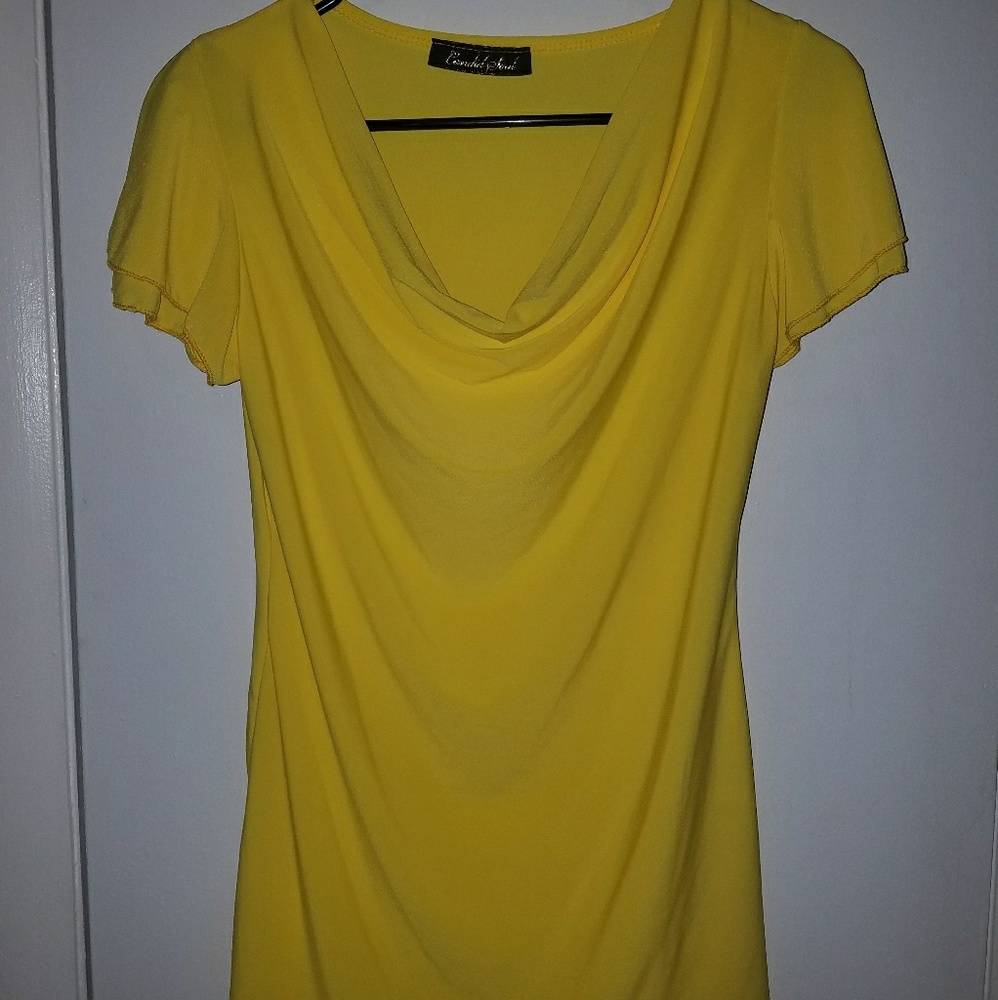 Bright yellow cowl neck ruffle sleeve top
