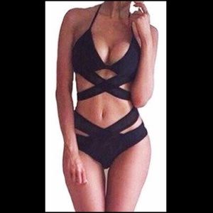 Black criss cross and cut out bikini