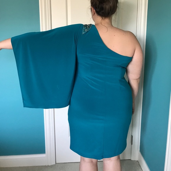 One Shoulder Teal Cocktail dress - Picture 2 of 5