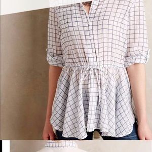 Anthropologie blue tassel windowpane peplum blouse