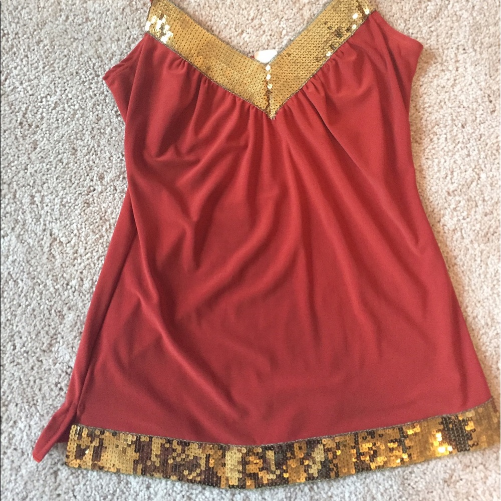 VGUC burnt orange & gold sequin blouse size small.