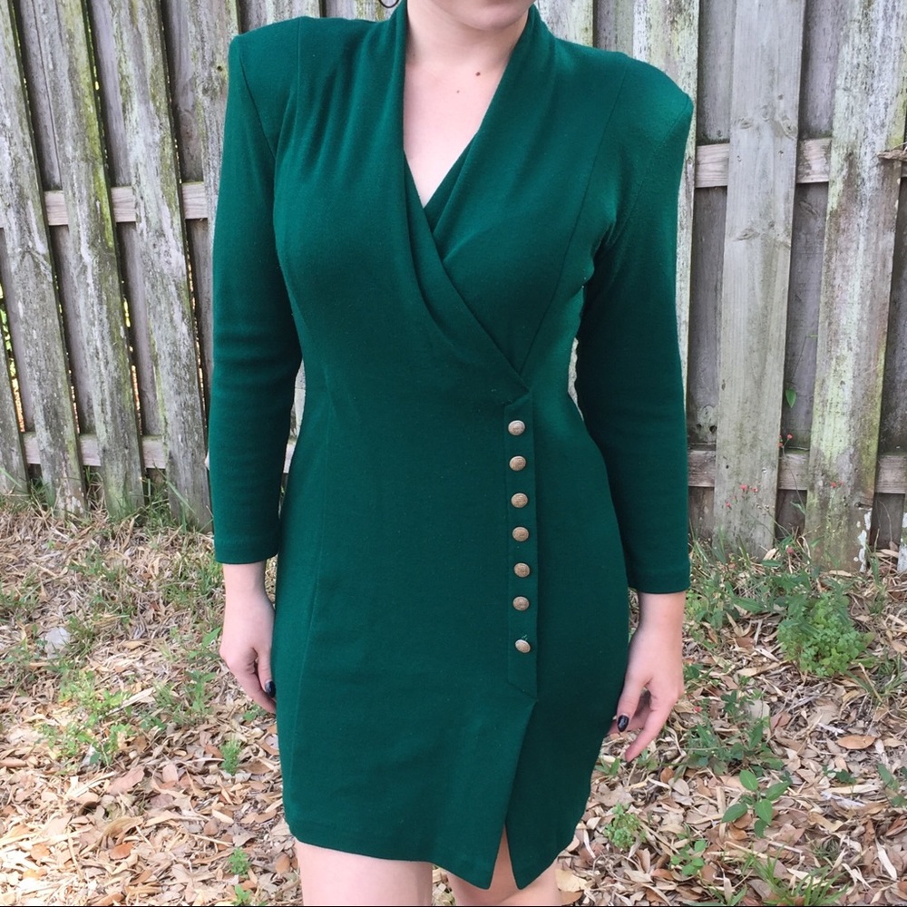 Emerald green vintage dress with gold buttons