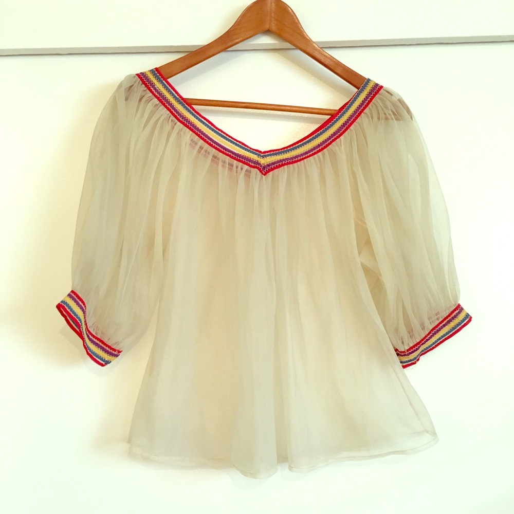 Vintage boho sheer blouse with rainbow trim