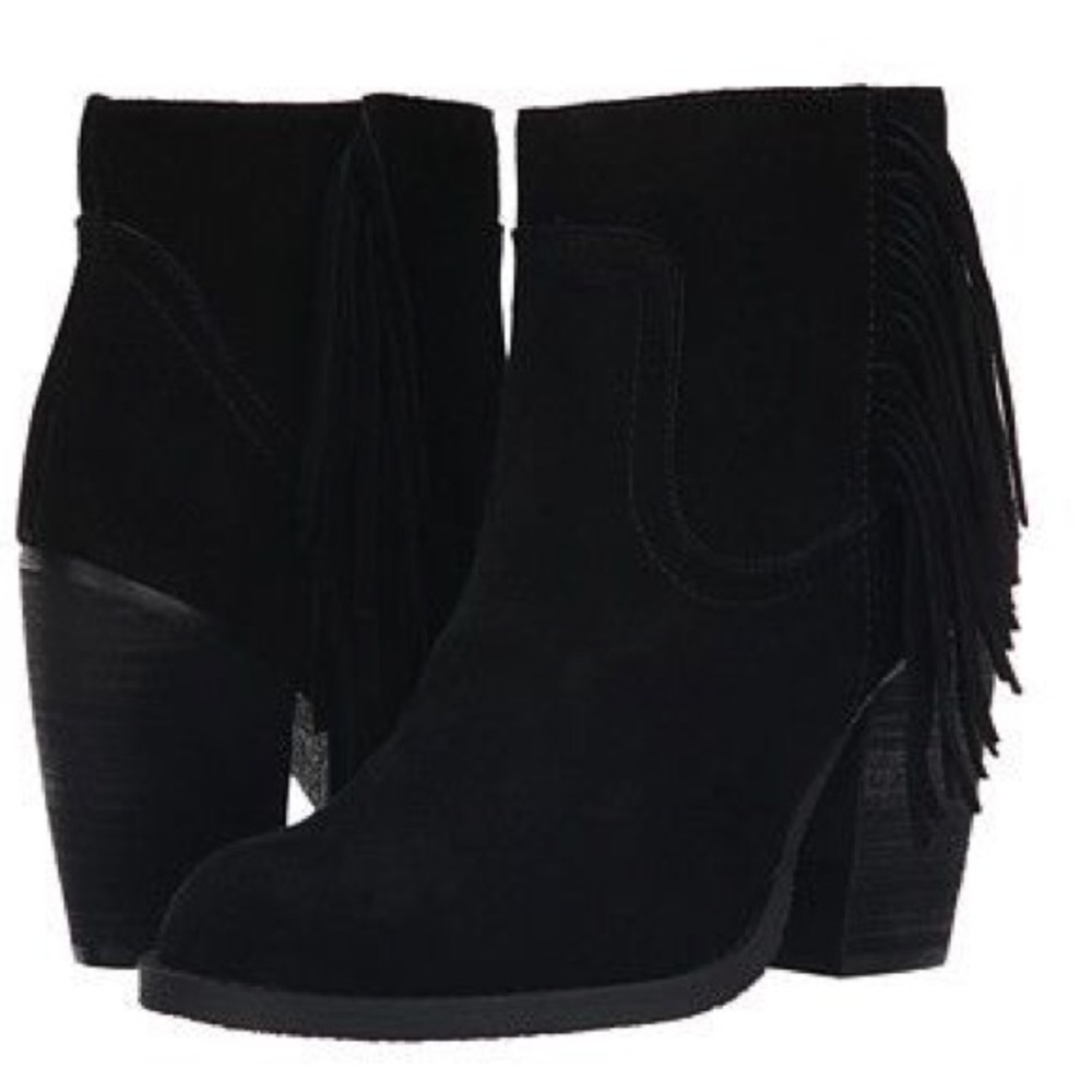 NIB Black Cascading Fringe Stacked Heel Bootie - Picture 6 of 6
