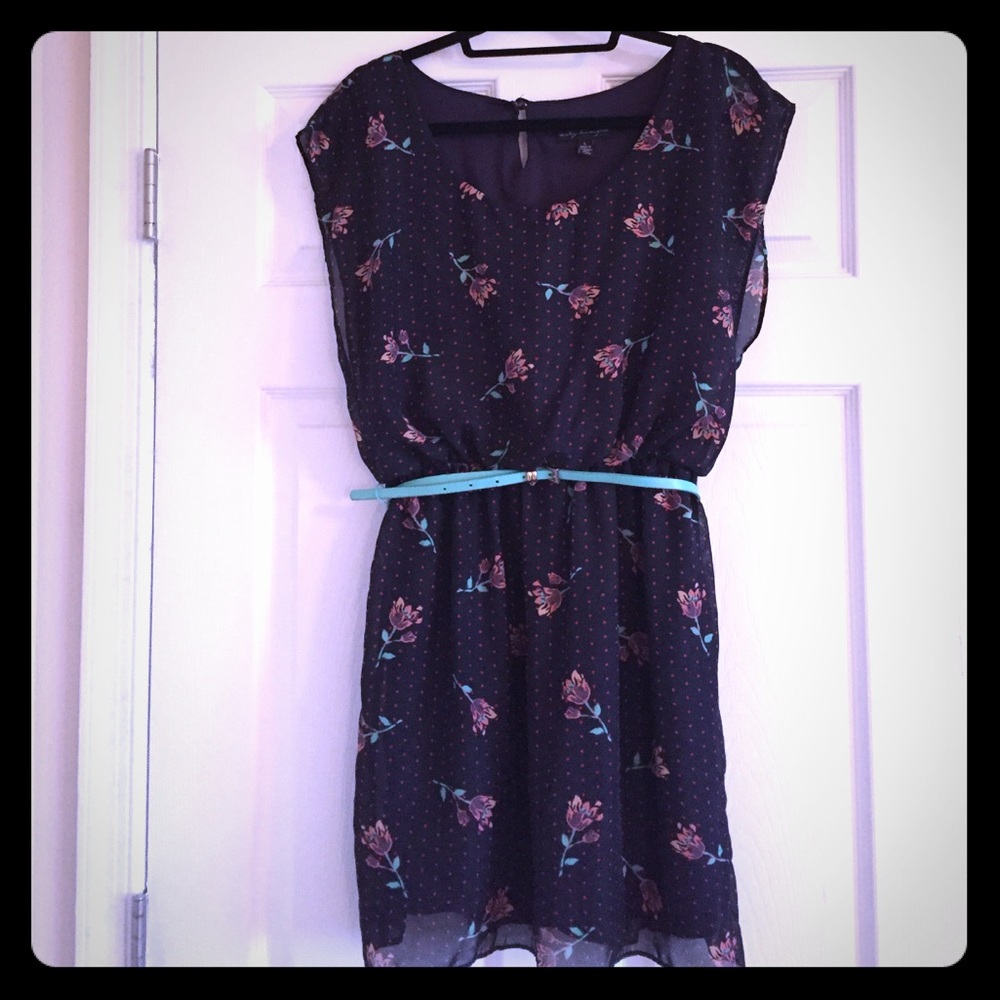 Short Navy Blue Flowers Dress with Red PolkaDots
