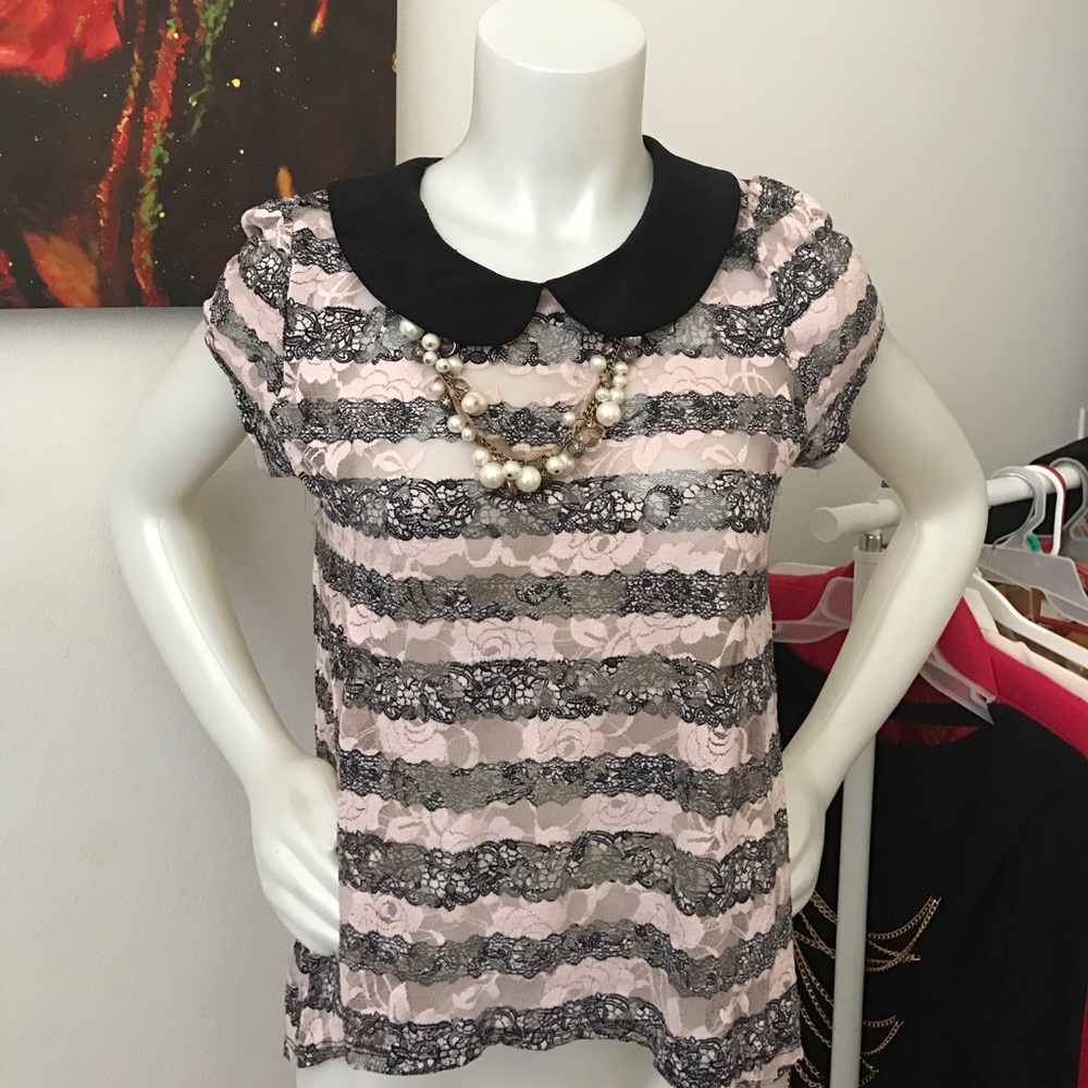 Pink and black lace blouse with necklace