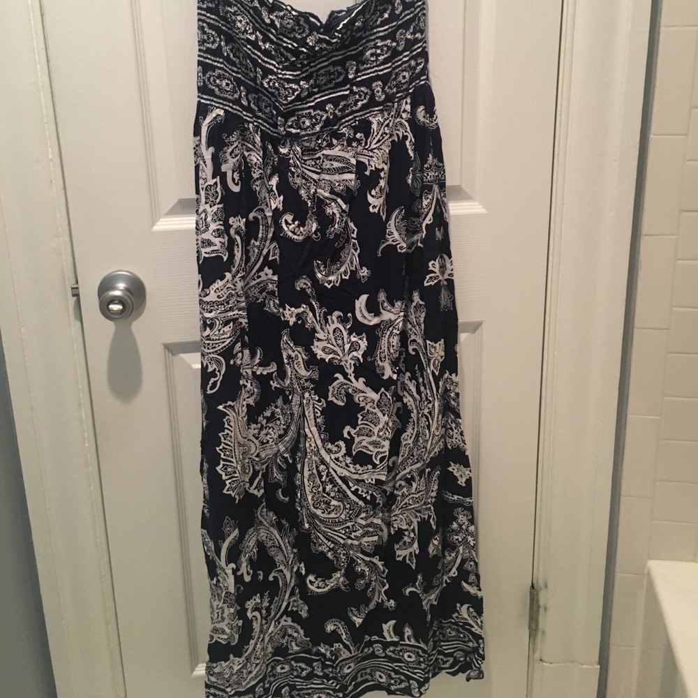 Strapless navy and white bohemian maxi dress
