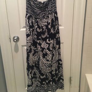 Strapless navy and white bohemian maxi dress